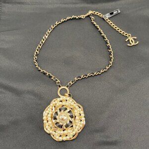 Chanel Pendant Necklace - Gold and Black Leather Chain with Pearly White Pendant